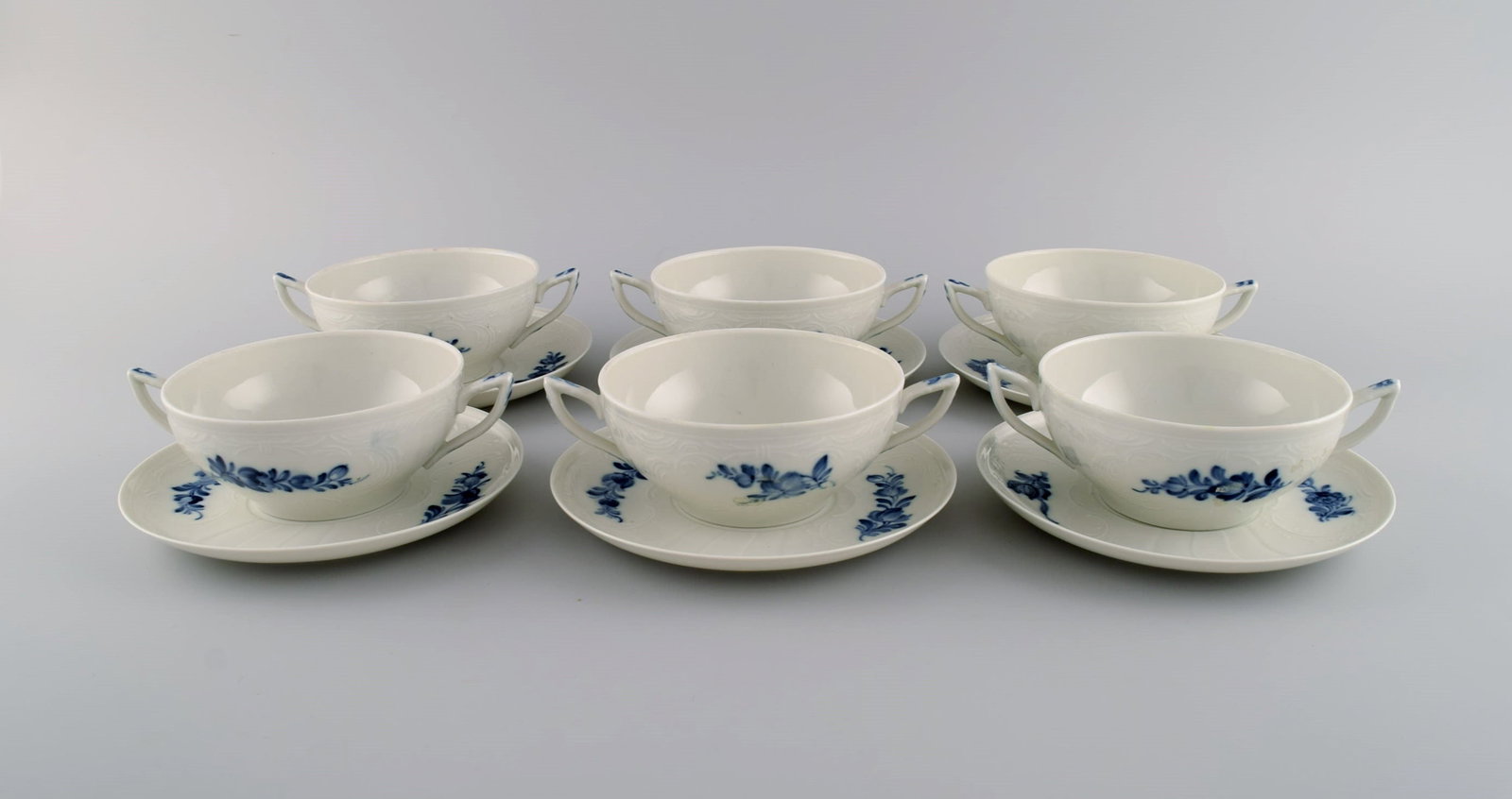 Six Royal Copenhagen Blue Flower bouillon cups with saucers. Early 20th century. (1 of 6)