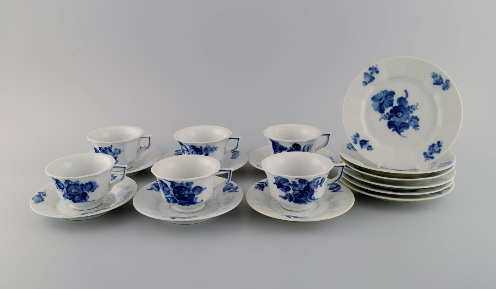 Royal Copenhagen Blue Flower Angular. Six coffee cups with saucers and six plates. Mid-20th century. (1 of 7)