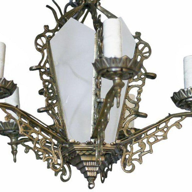 Art Deco Slat Glass Brass Dining Room Chandelier w/ Geometric Details - 8