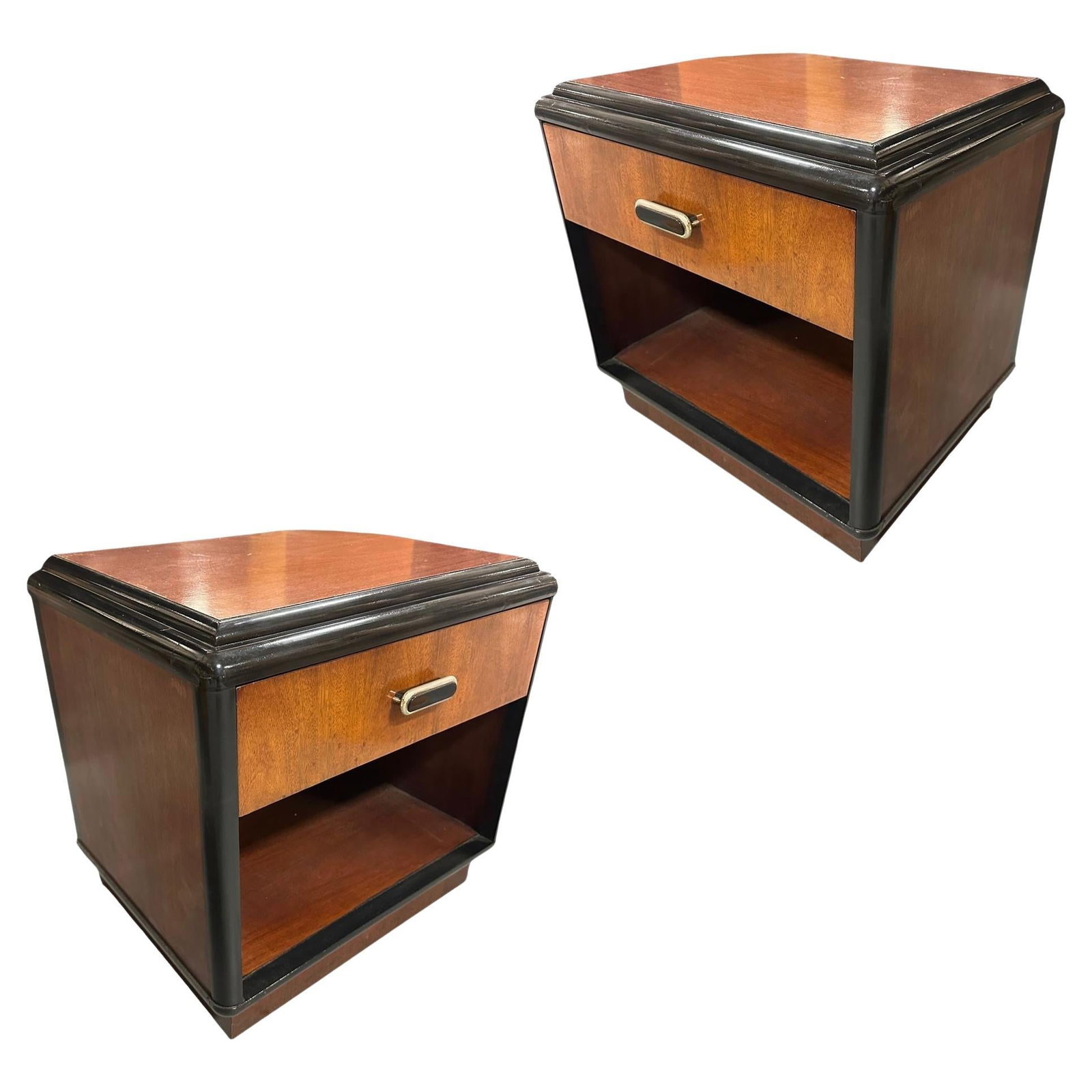 Pair of Two Toned Art Deco Cherry Wood & Lacquer Bedside Tables w/ Stepped Top - 19