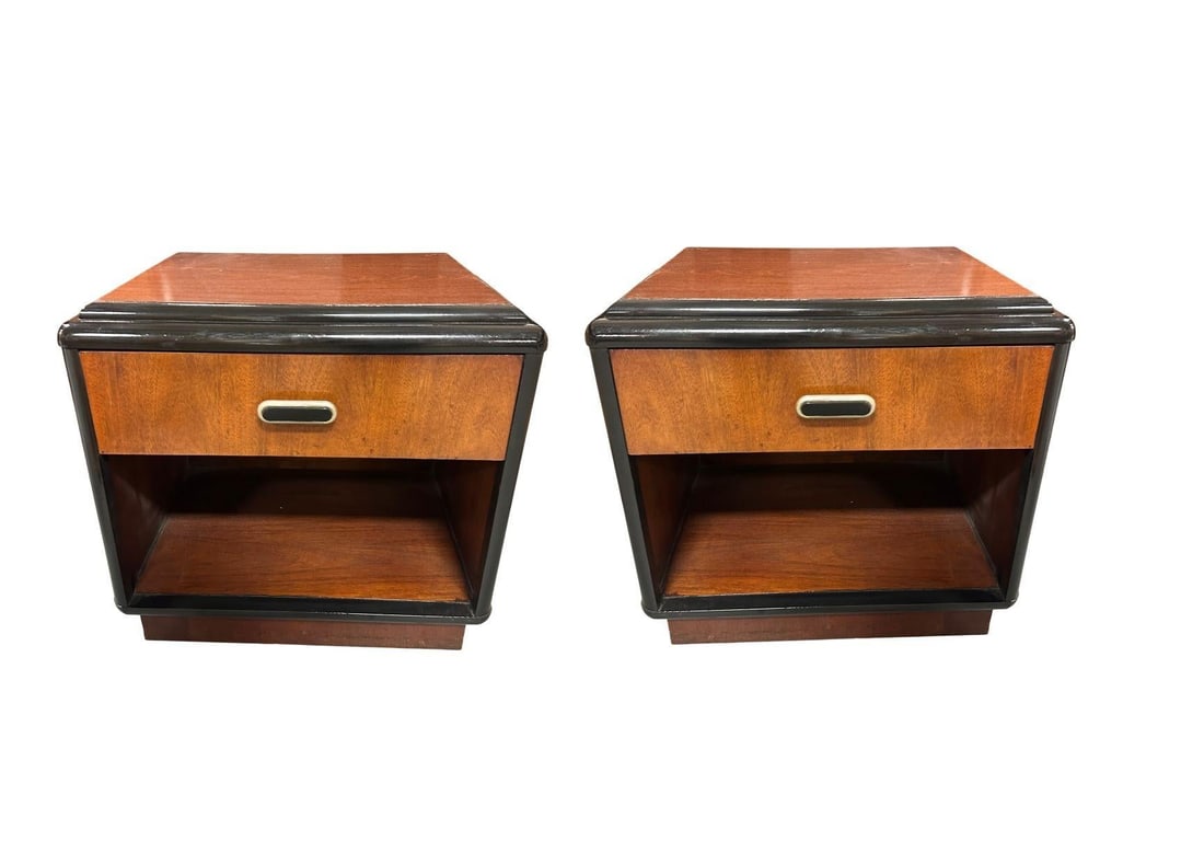 Pair of Two Toned Art Deco Cherry Wood & Lacquer Bedside Tables w/ Stepped Top - 20