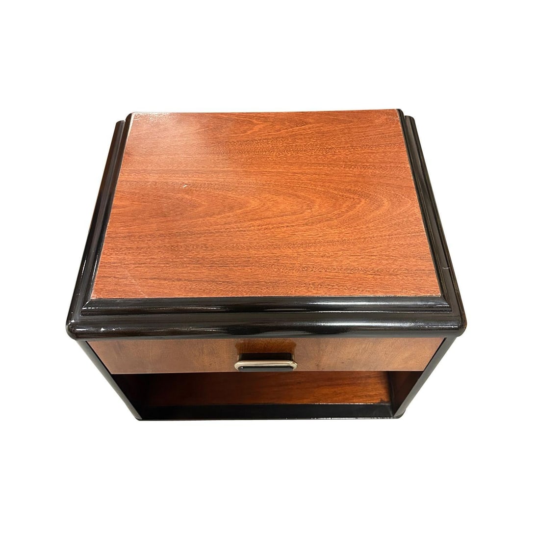 Pair of Two Toned Art Deco Cherry Wood & Lacquer Bedside Tables w/ Stepped Top - 2