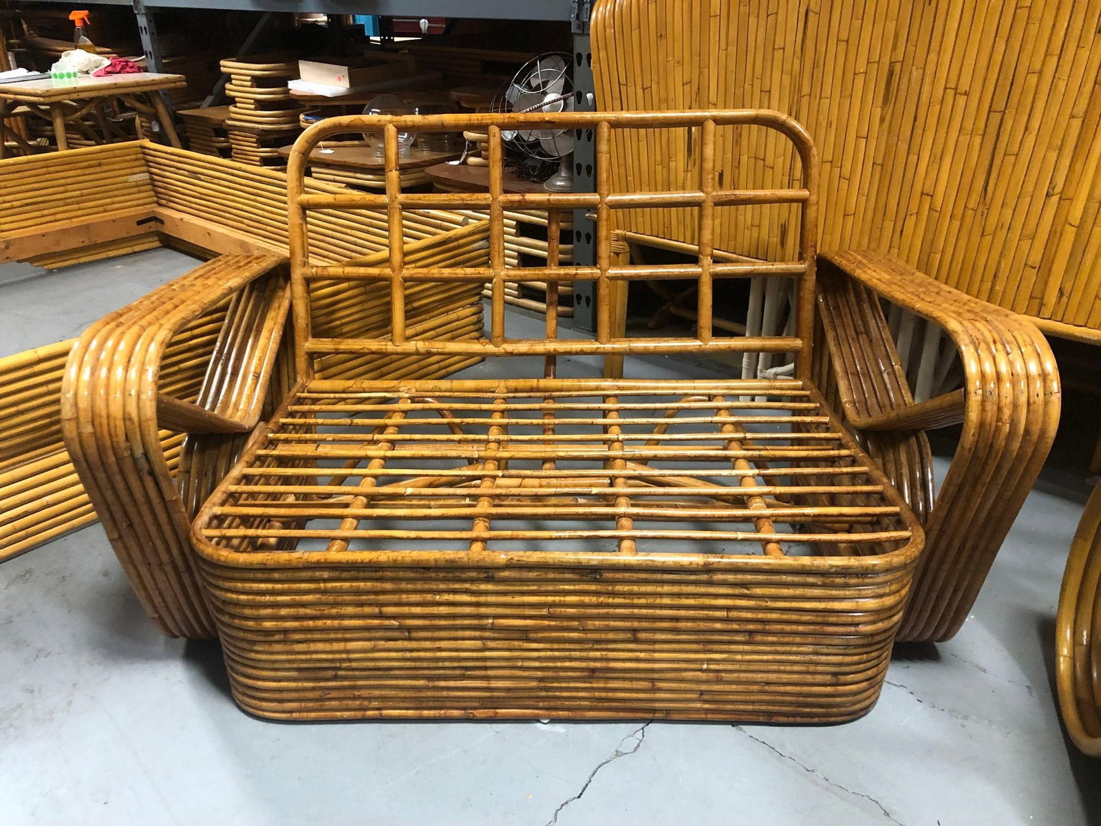 Restored MCM Six-Strand Double Triangle Pretzel Arm Tortoise Shell Rattan Settee - 18