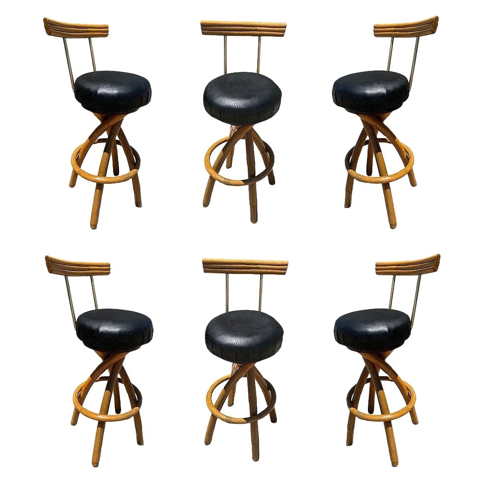 Restored Spiral Legs Rattan & Brass Barstool w/ Swivel Seats, Set of Six (1 of 19)