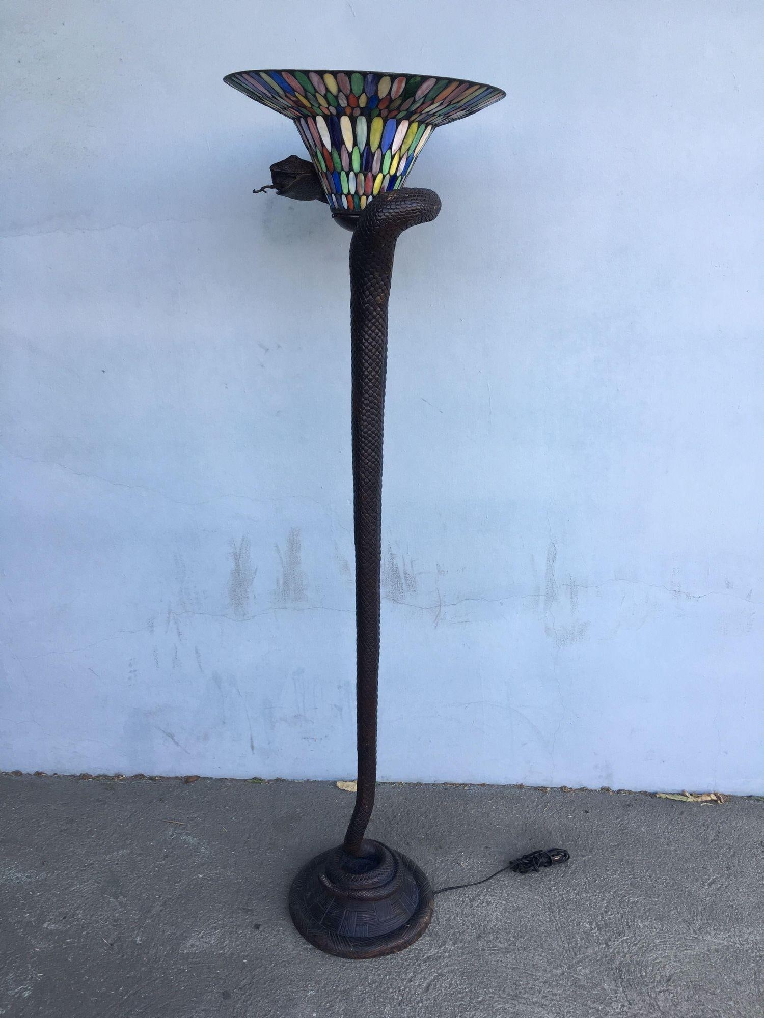 Edgar Brandt Style Bronze Snake Floor Lamp W/ Stained Glass Shade, 2 Available - 4