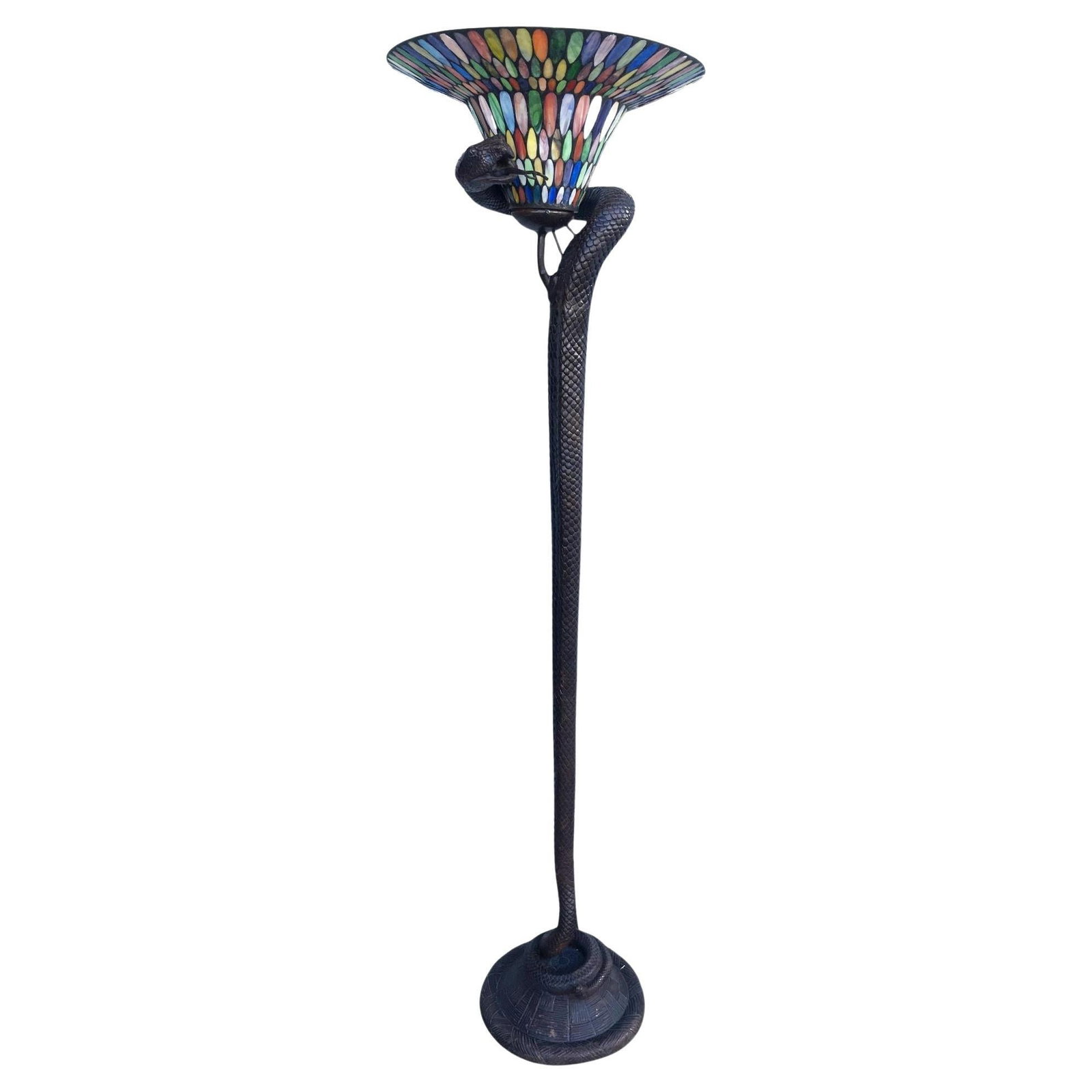 Edgar Brandt Style Bronze Snake Floor Lamp W/ Stained Glass Shade, 2 Available - 7