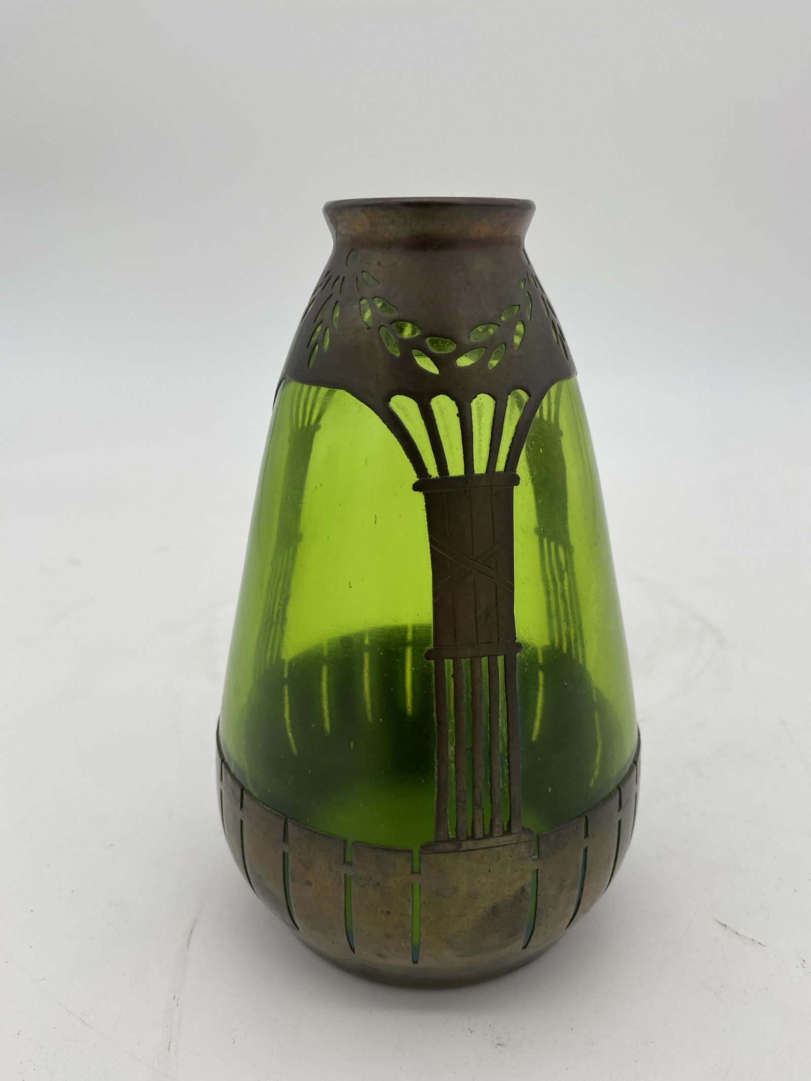 French Art Nouveau Copper and Green Glass Vase - 4