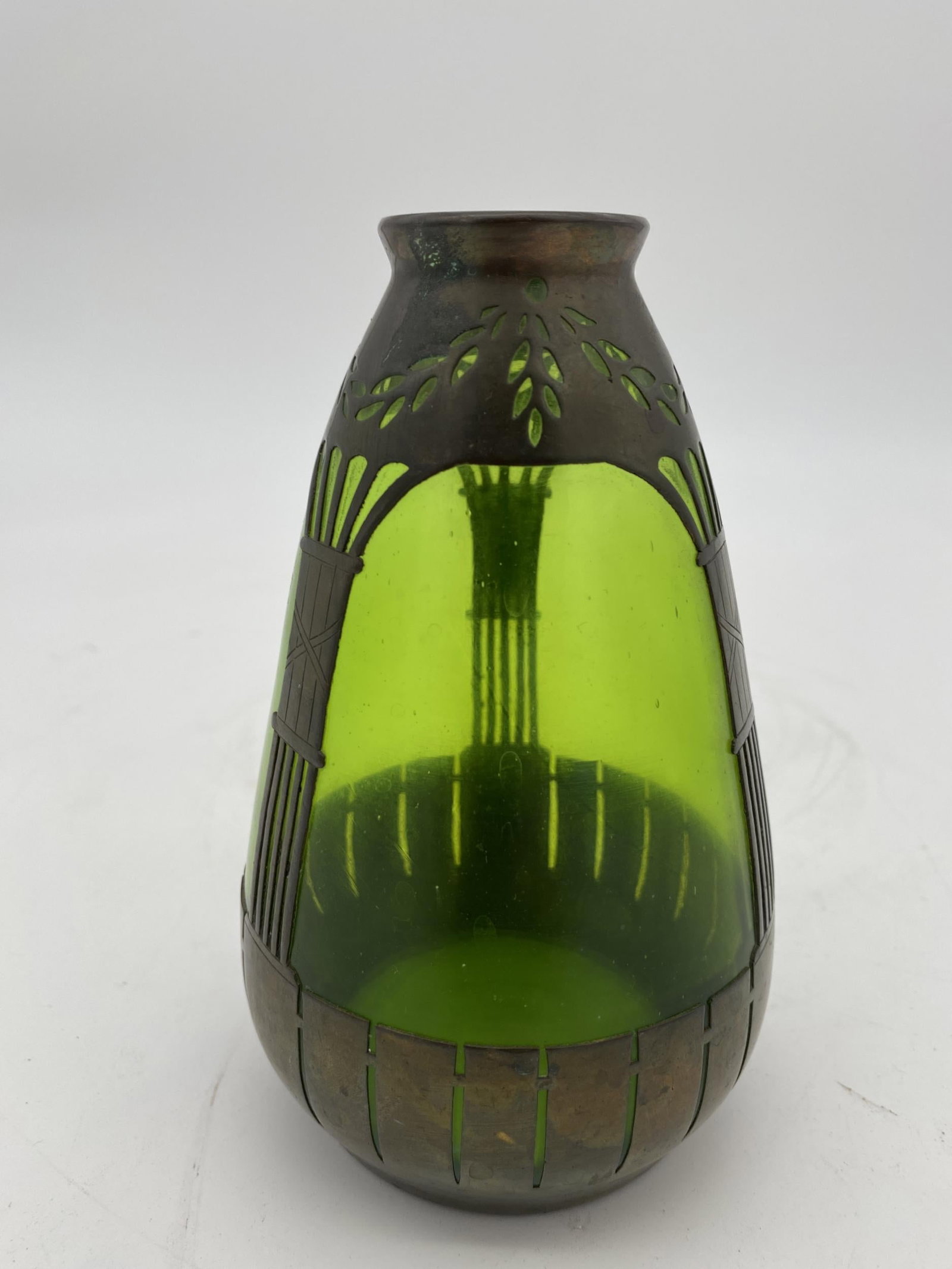 French Art Nouveau Copper and Green Glass Vase - 5