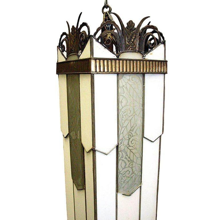 Art Deco Geometric Leaded Glass Grand Theater Chandelier w/ Bronze Scrolling Top - 2