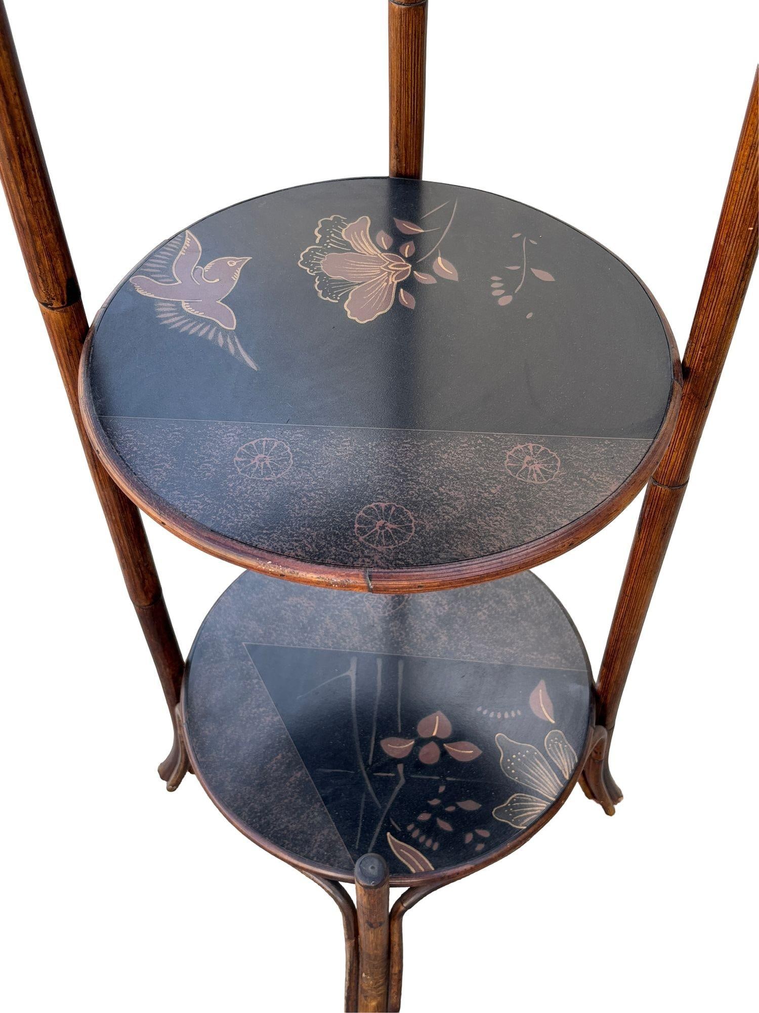 Costal Three Tiered Dark Stained Rattan Shelf w East Asian Motif Tops - 10
