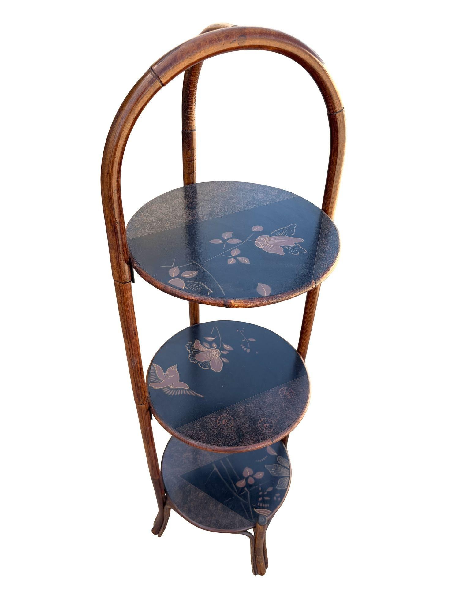 Costal Three Tiered Dark Stained Rattan Shelf w East Asian Motif Tops - 13