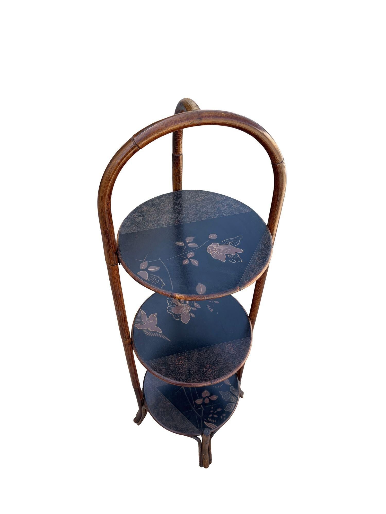 Costal Three Tiered Dark Stained Rattan Shelf w East Asian Motif Tops - 6