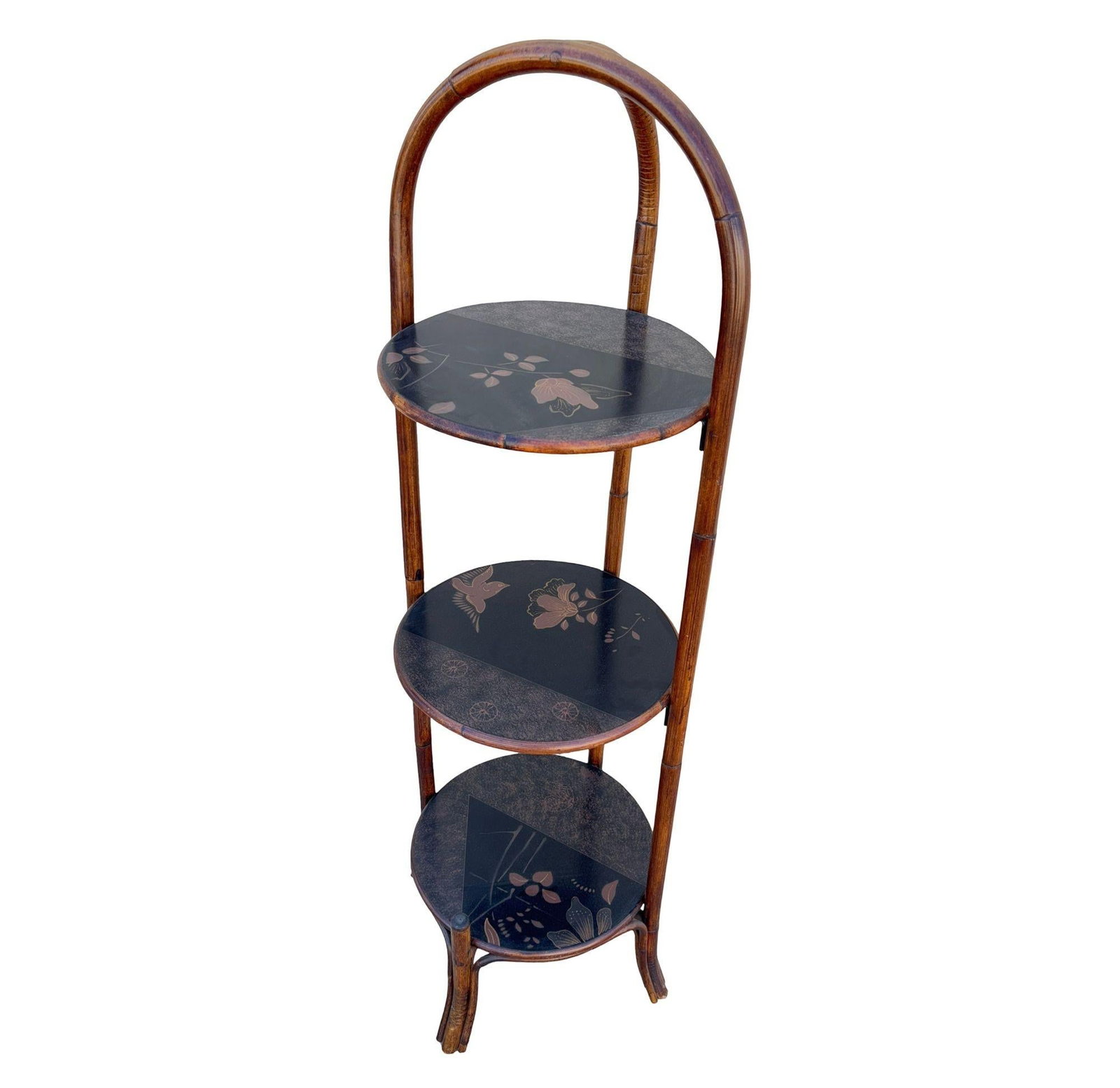 Costal Three Tiered Dark Stained Rattan Shelf w East Asian Motif Tops - 8
