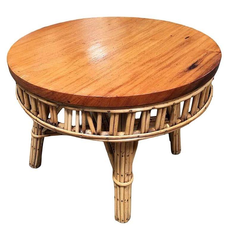 Restored Round Stick Rattan Coffee Table with Mahogany Top - 14