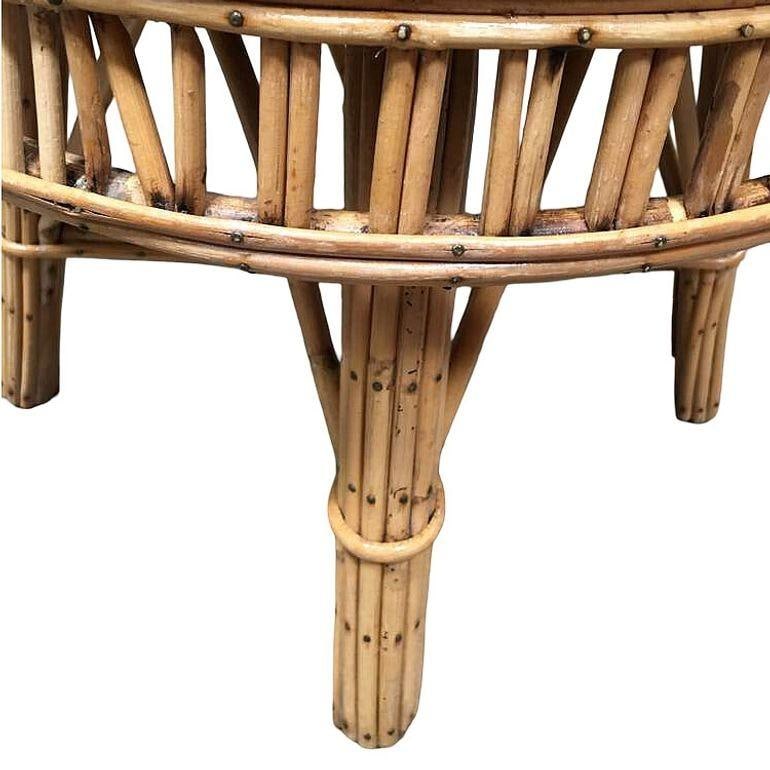 Restored Round Stick Rattan Coffee Table with Mahogany Top - 5