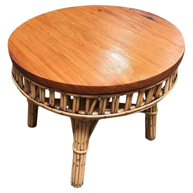 Restored Round Stick Rattan Coffee Table with Mahogany Top - 7