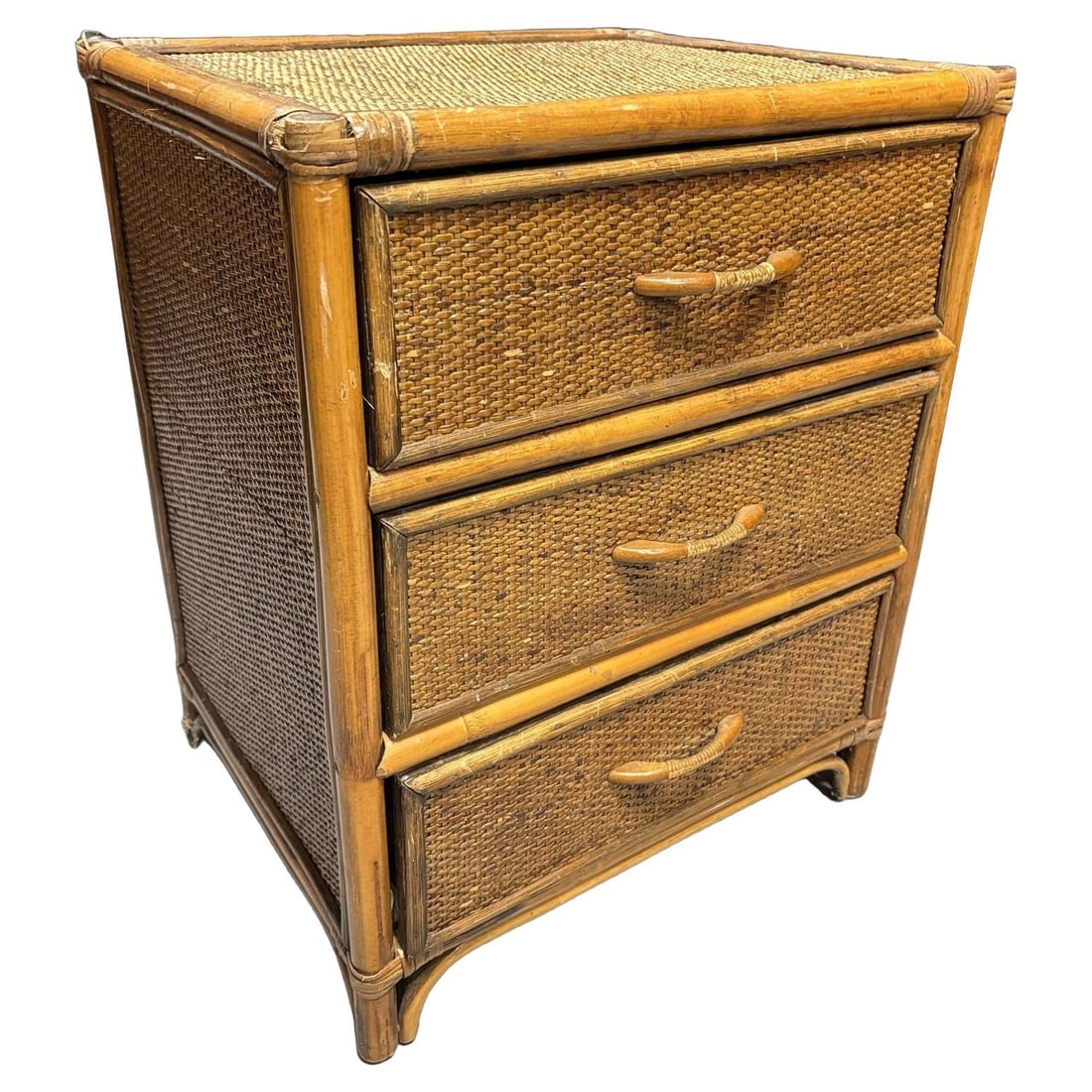 19th Century Aesthetic Movement Rattan & Woven Wicker Three Drawer Nightstand: Title: 19th Century Aesthetic Movement Rattan & Woven Wicker Three Drawer Nightstand Description: Rich in texture and warm natural tones, this late Victorian nightstand showcases classic rattan