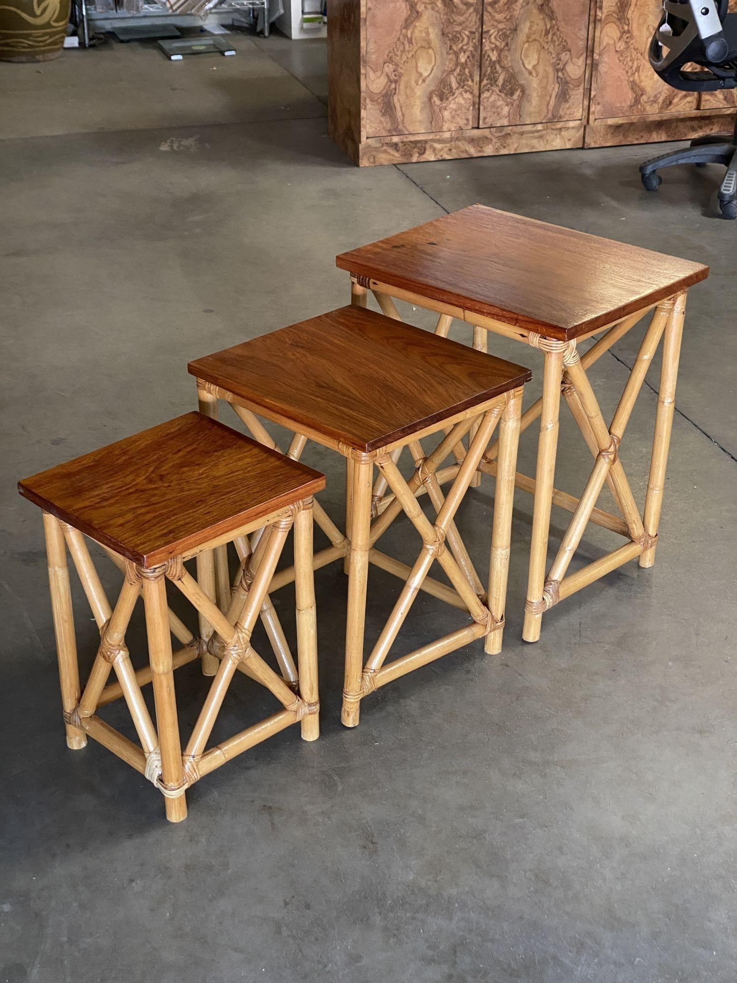 Restored Set of 3 Rattan Nesting X Side Tables with Mahogany Top - 17
