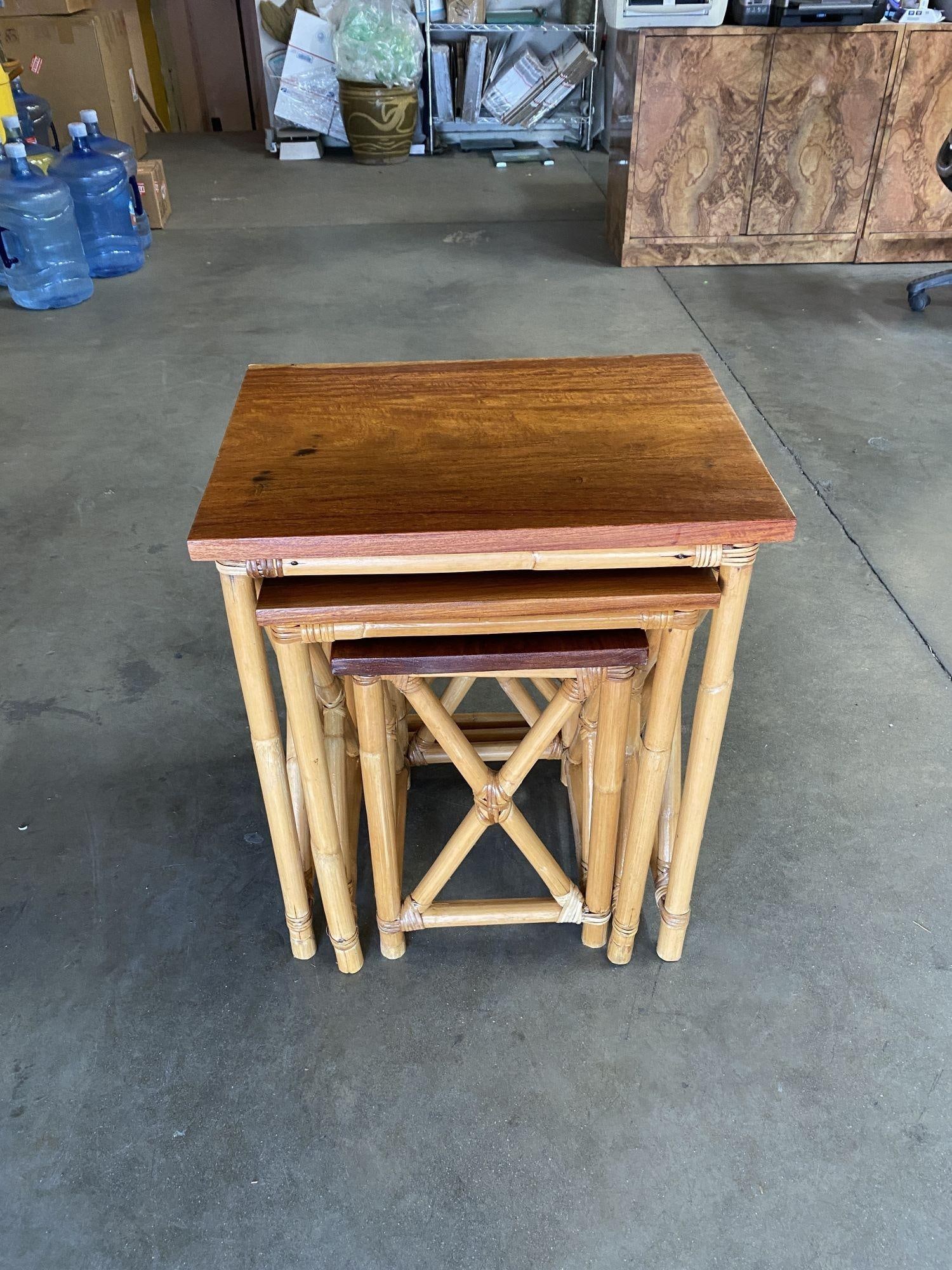 Restored Set of 3 Rattan Nesting X Side Tables with Mahogany Top - 6