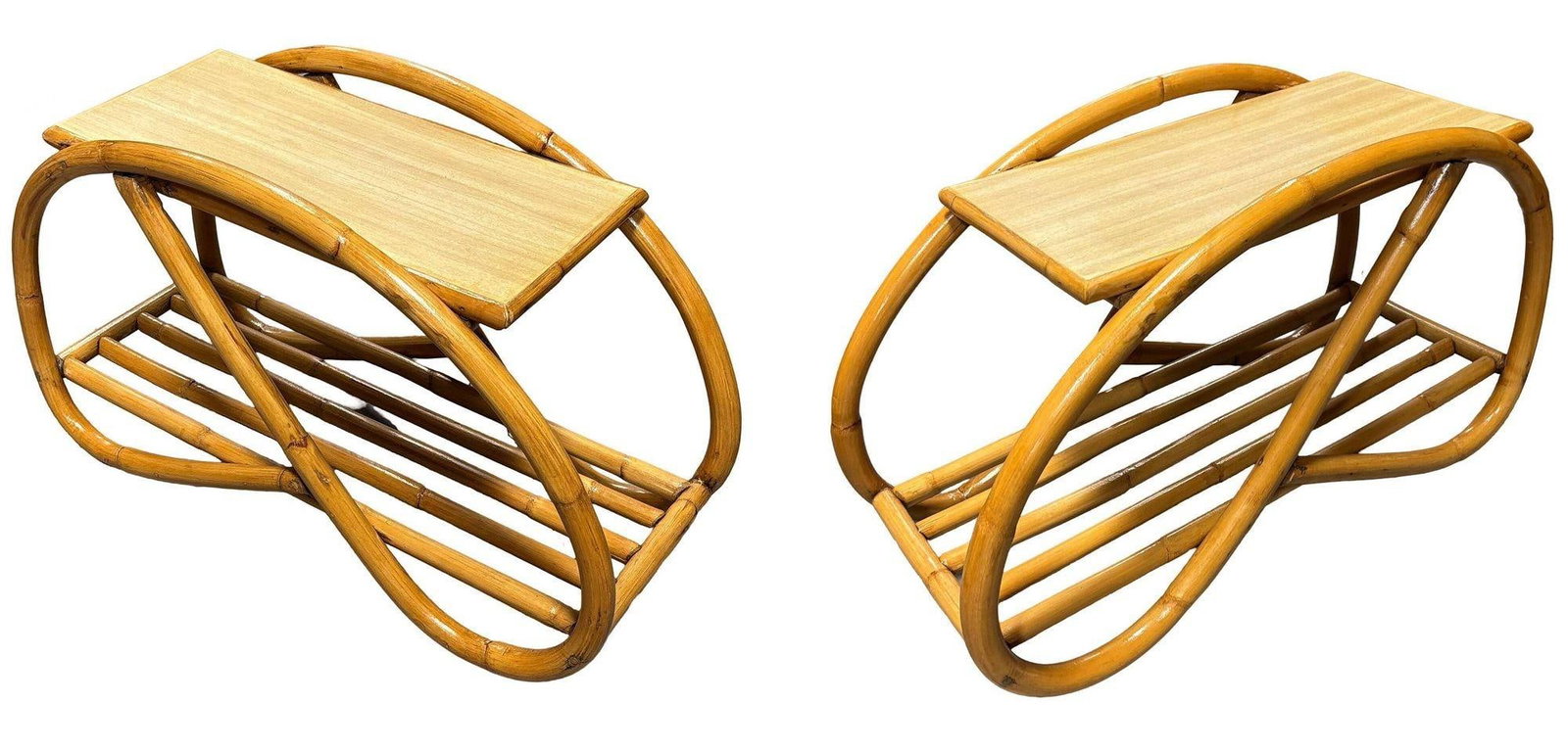 Restored Mid-century 3/4 Pretzel Rattan & Formica "Grasshopper" Side Table, Pair - 14