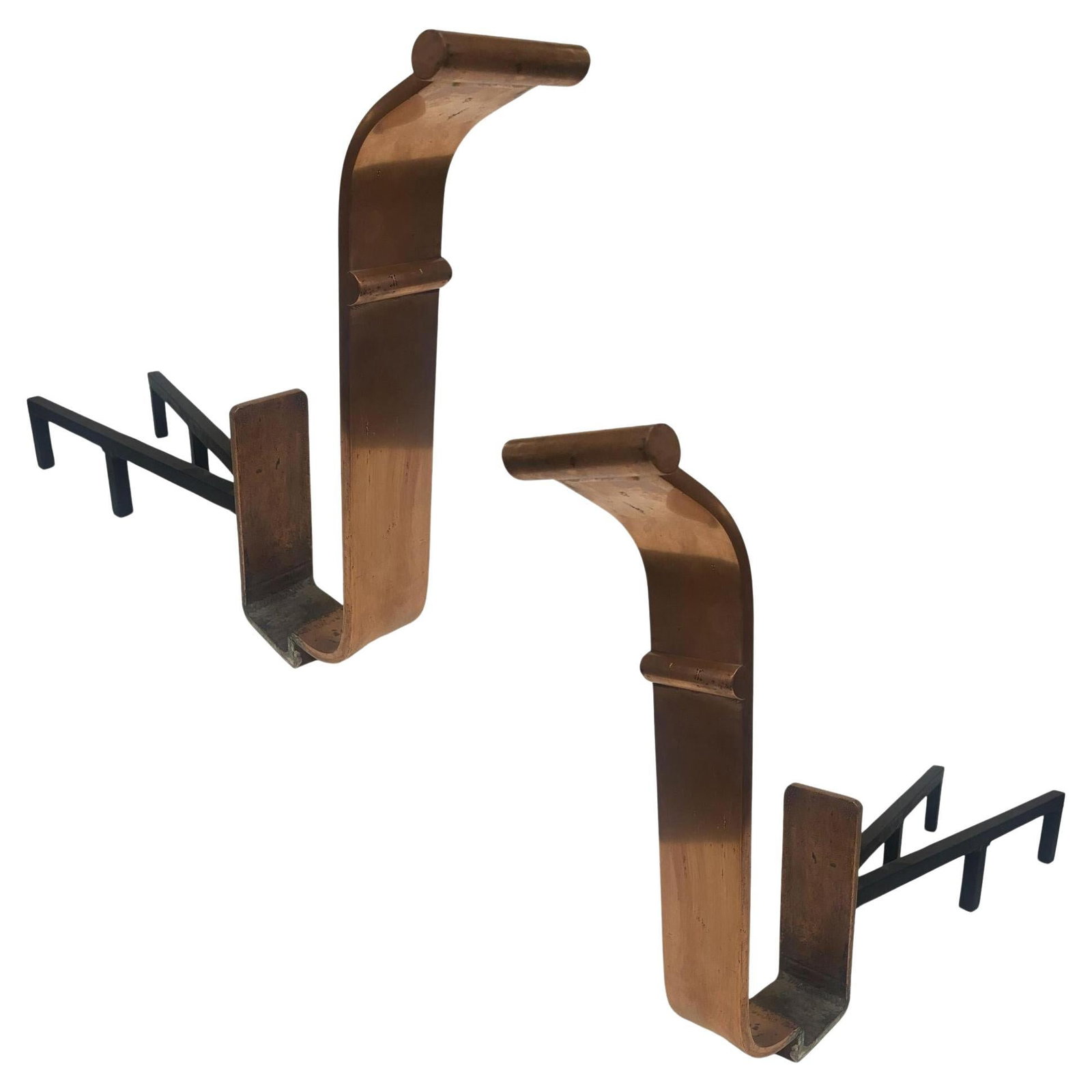 High Style Art Deco Modernist Copper and Iron Firedogs / Andirons , Pair - 7