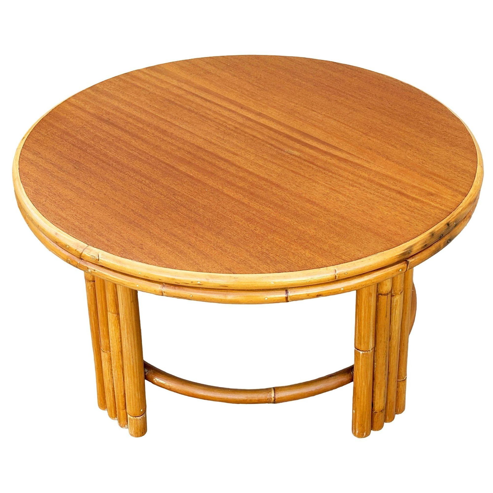 Restored Mid-century O-Base Round Costal Rattan End Table W/ Mahogany Top - 5