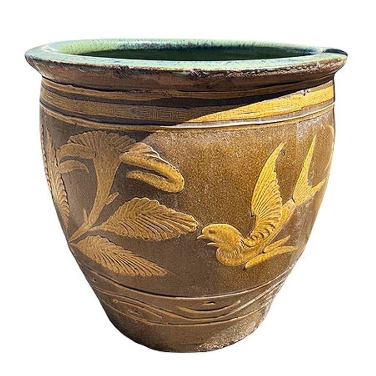 Antique Chinese Century-Egg Pottery Jar • Bird & Fern Motifs • Coastal Jardinièr - 3