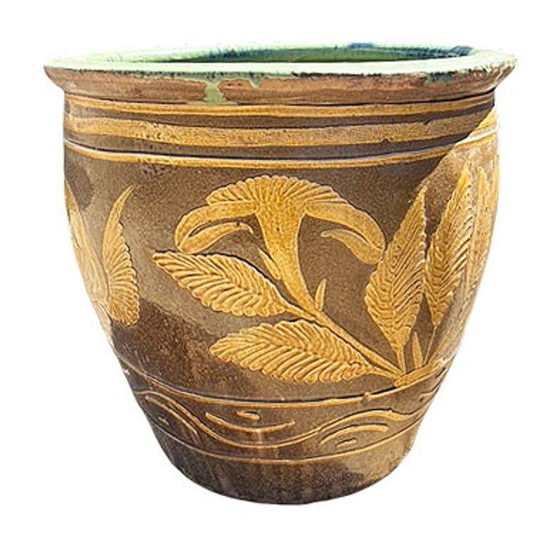 Antique Chinese Century-Egg Pottery Jar • Bird & Fern Motifs • Coastal Jardinièr - 6