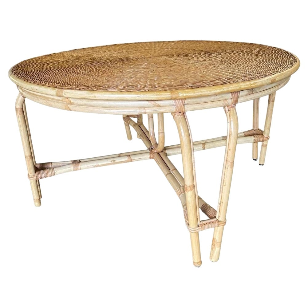 Restored Mid-century Round Wicker Top Rattan Table - 2