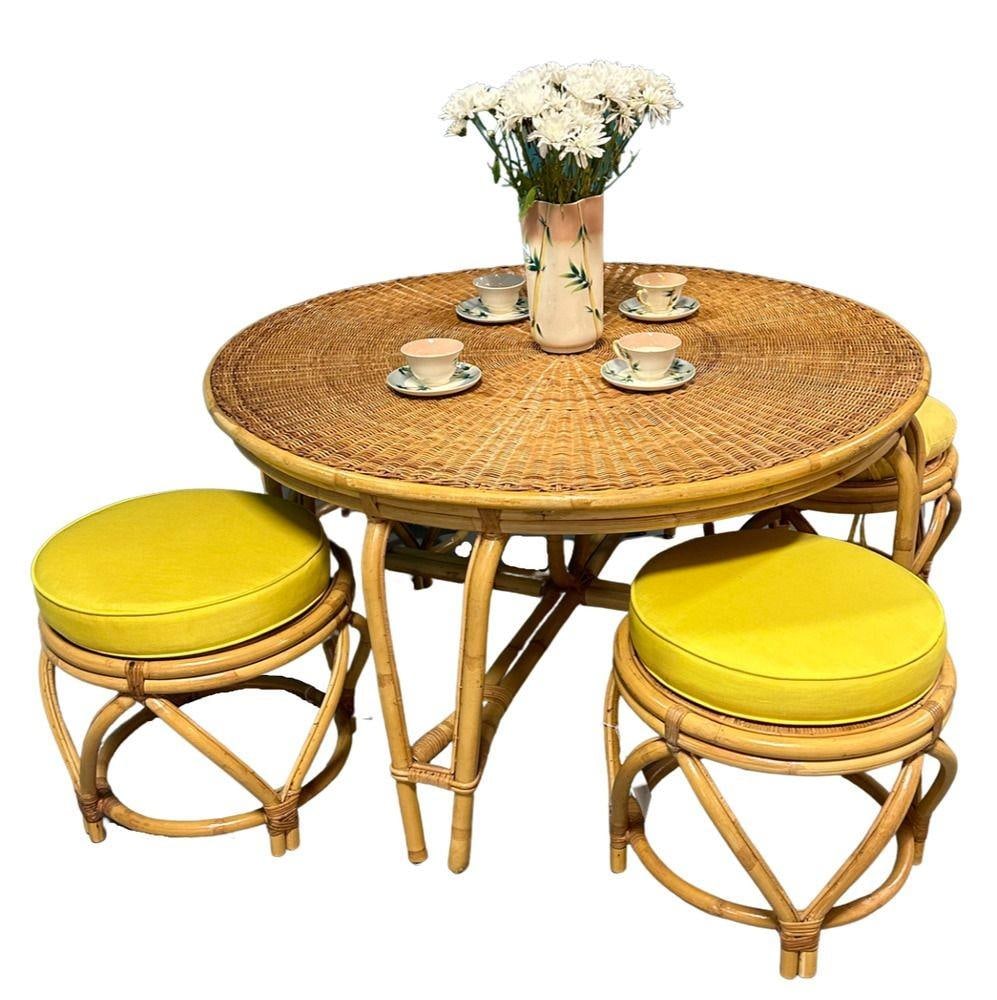 Restored Mid-century Round Wicker Top Rattan Table - 3