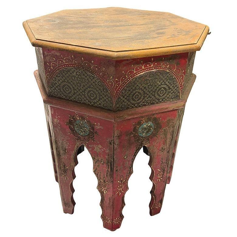 Hand Painted Moroccan Hexagon Wooden Boho Side Table w/ Brass Inlays - 10