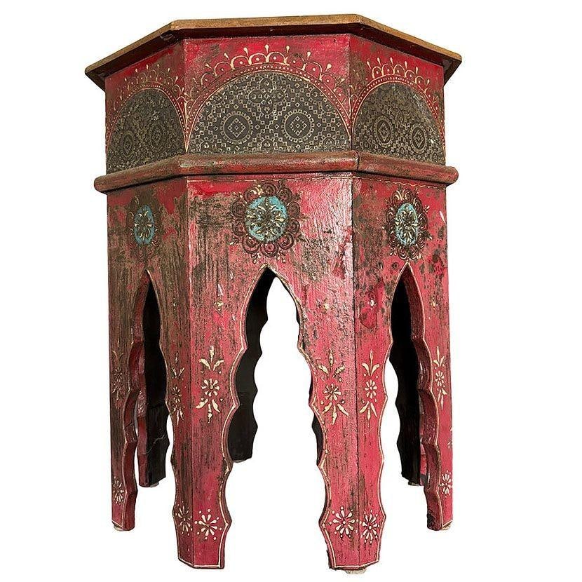 Hand Painted Moroccan Hexagon Wooden Boho Side Table w/ Brass Inlays - 11
