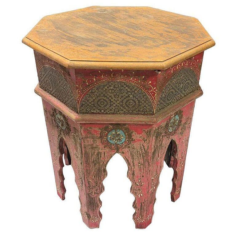 Hand Painted Moroccan Hexagon Wooden Boho Side Table w/ Brass Inlays - 18