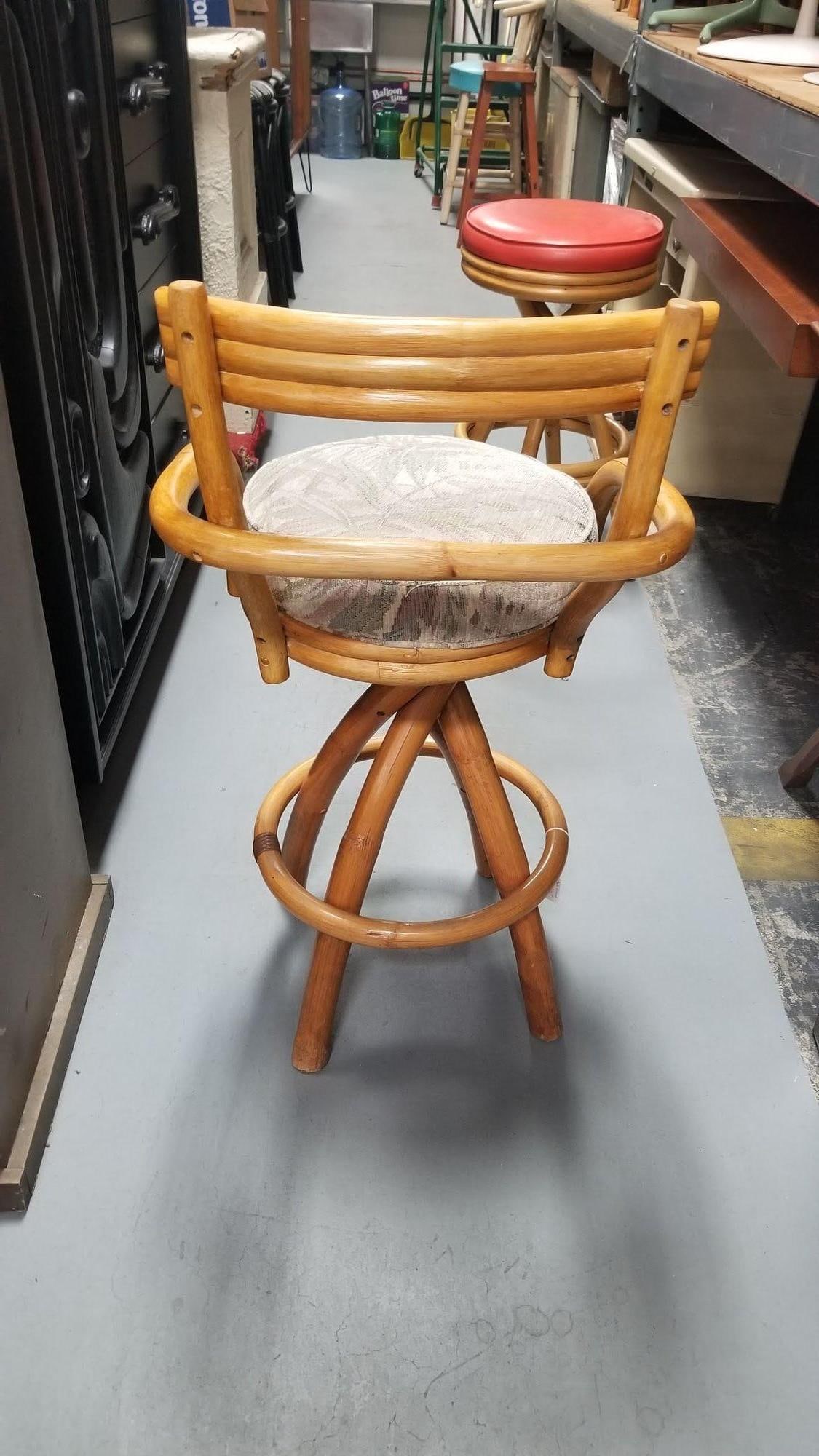 Restored Rattan Pair of Two Stacked Back Bar stools w/ Botanical Fabric Seats - 5