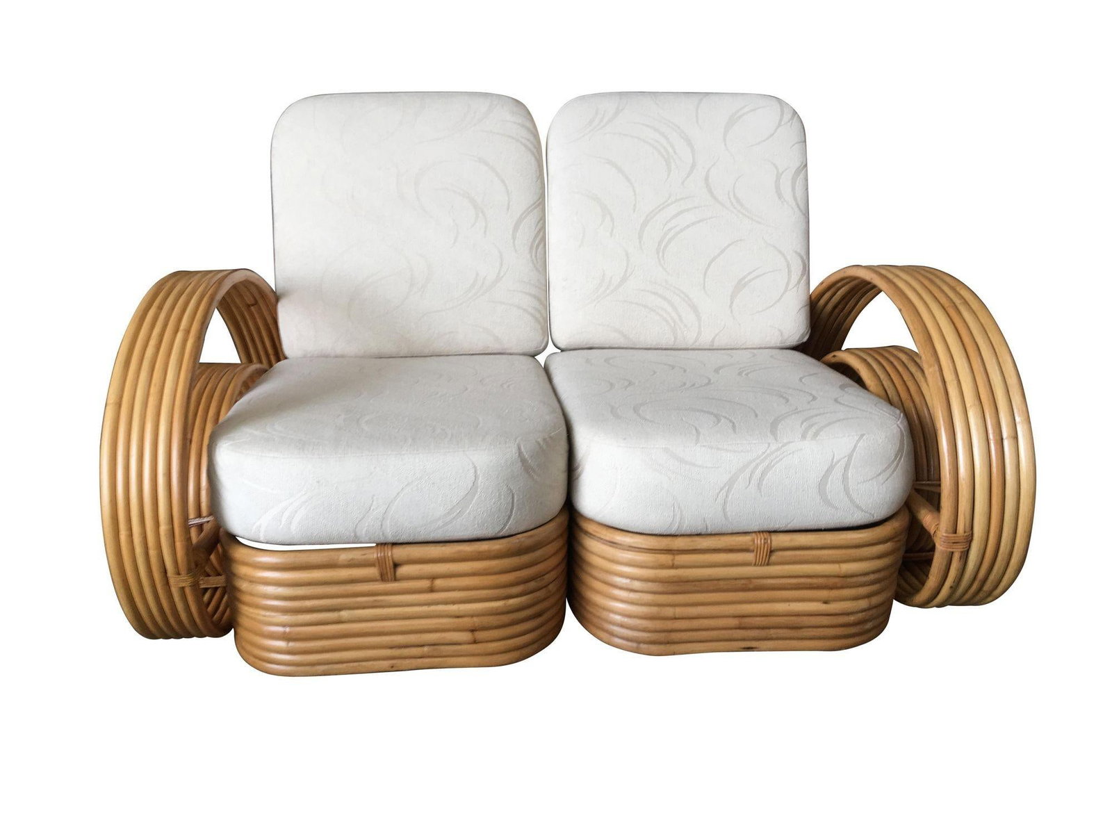 Restored "Double Tear Drop Arm" Rattan Sofa Sectional Settee W/ Stacked Base - 14
