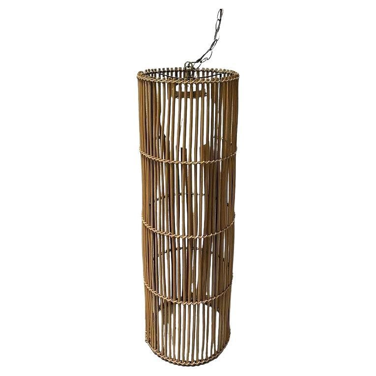 Large Mid-century Split Stick Reed Rattan Hanging Cylinder Chandelier Pendant - 13