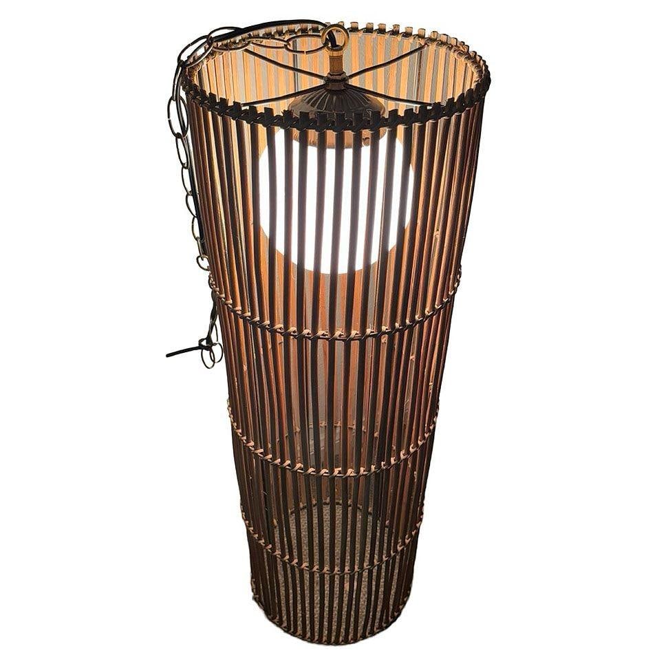 Large Mid-century Split Stick Reed Rattan Hanging Cylinder Chandelier Pendant - 4