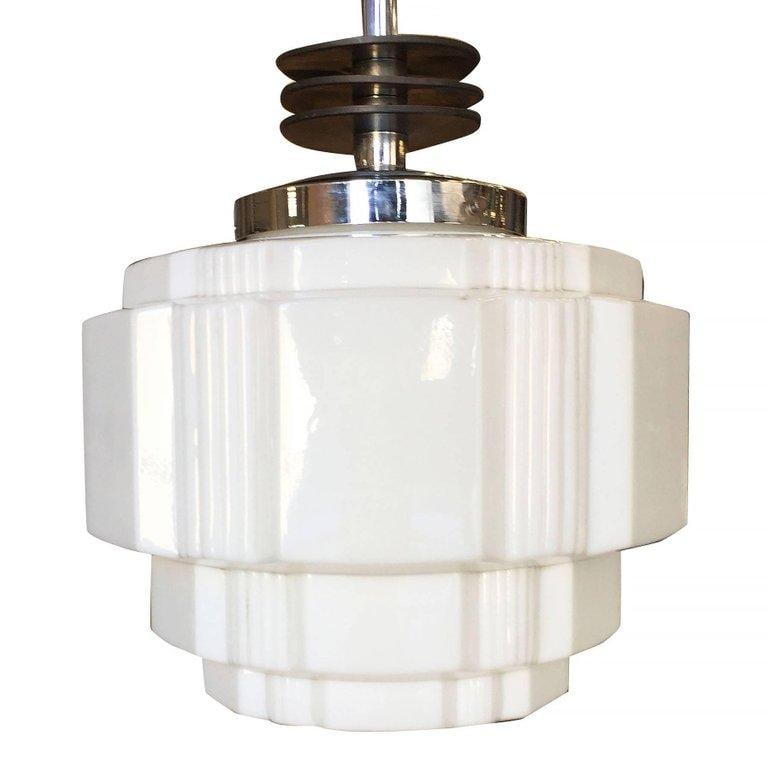 Art Deco Ceiling Pendant with School House Stepped Glass Globe - 6