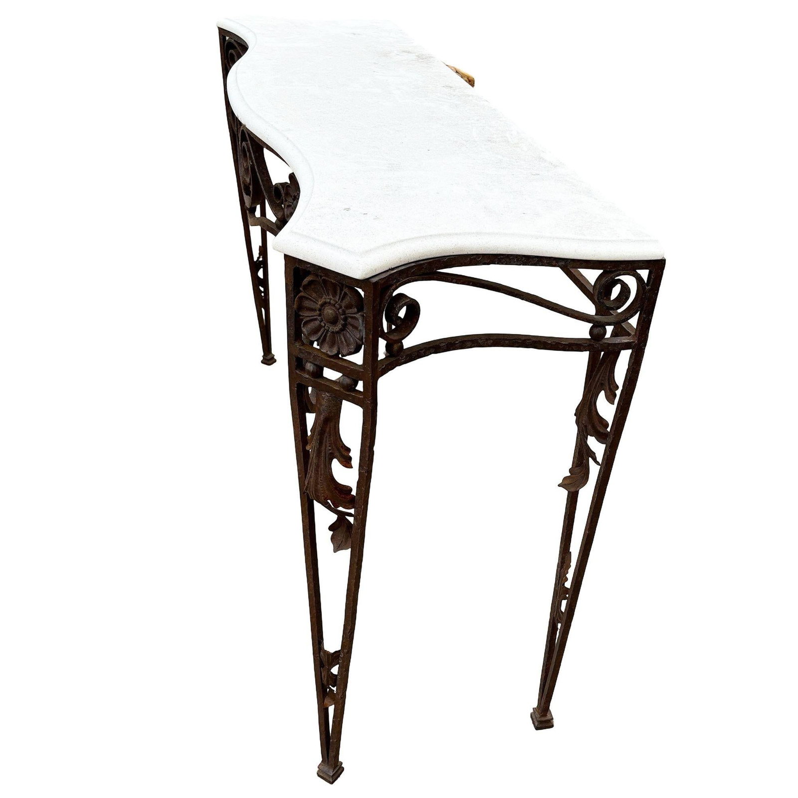 20th Century Neo-Gothic Bronze Colored Cast Iron Console w/ Carrara Marble Top - 20