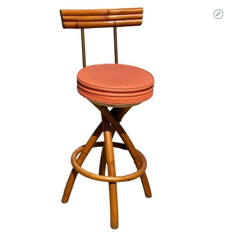 Restored Mid-century Swivel "Spiral" Leg Rattan & Brass Barstools, Pair - 9