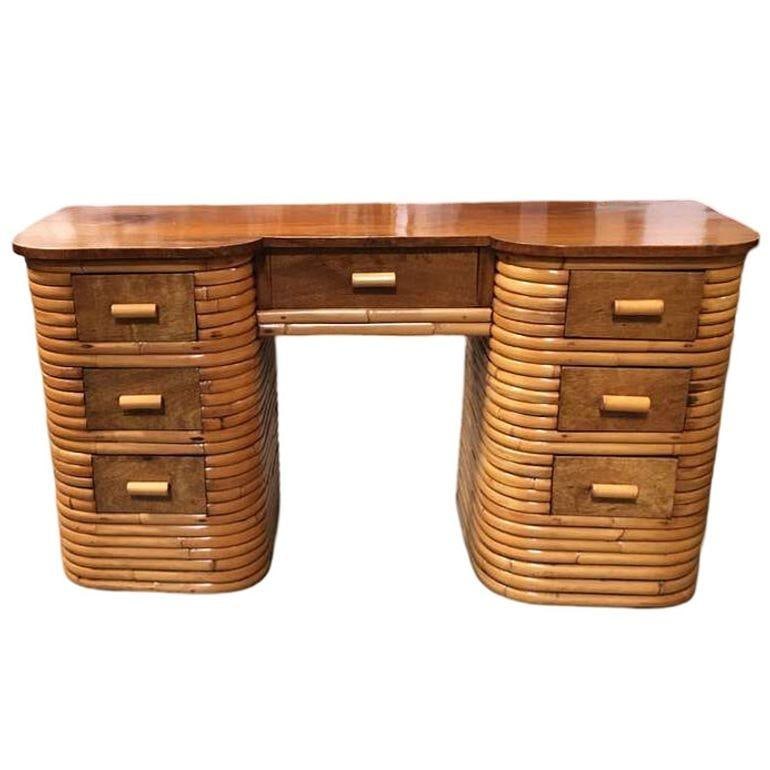 Restored Art Deco Stacked Rattan Secretary Desk w/ Mahogany Top - 17