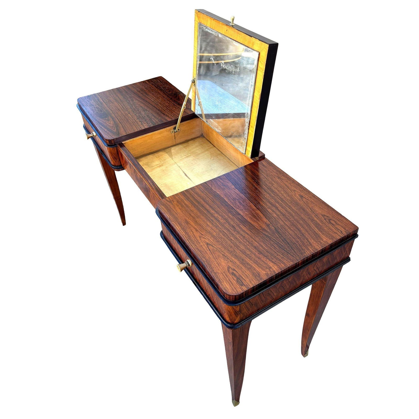 French Art Deco Flip Top Madagascar Rosewood & Brass Dressing Table Vanity - 11