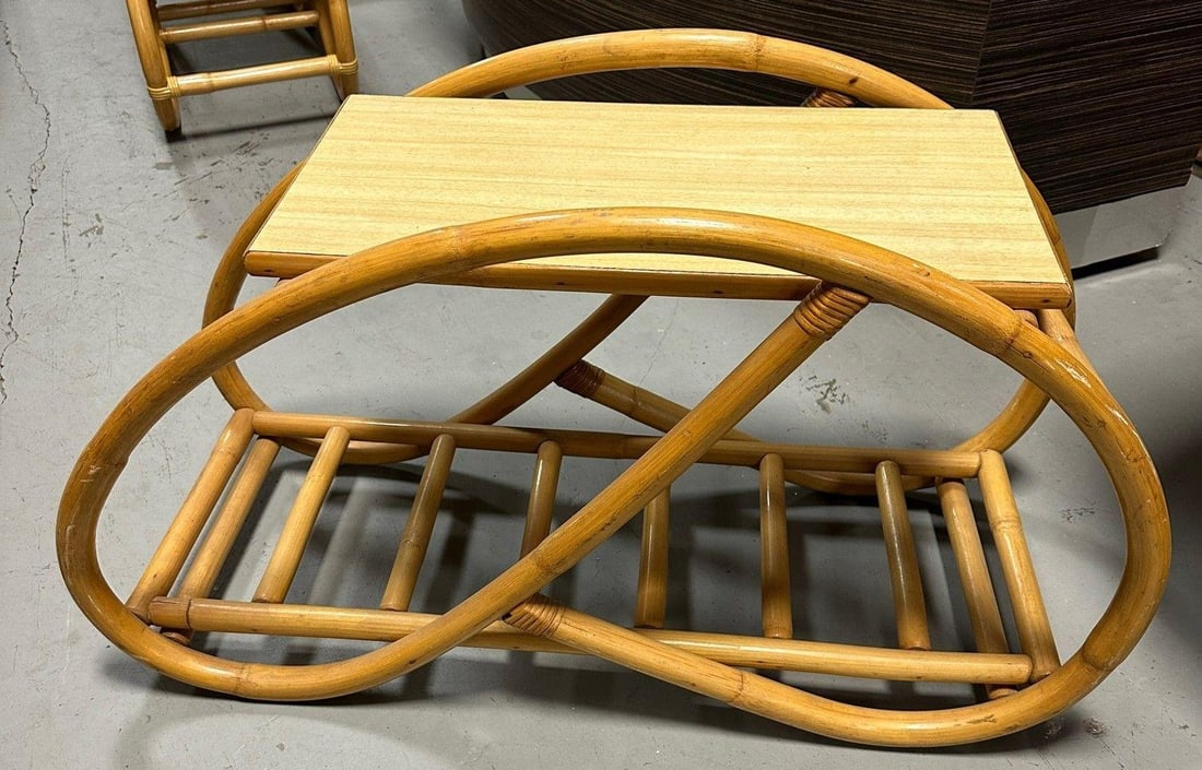 Restored 3/4 Pretzel "Grasshopper" Rattan Side Table w/ Formica Tops Set of 2 - 9