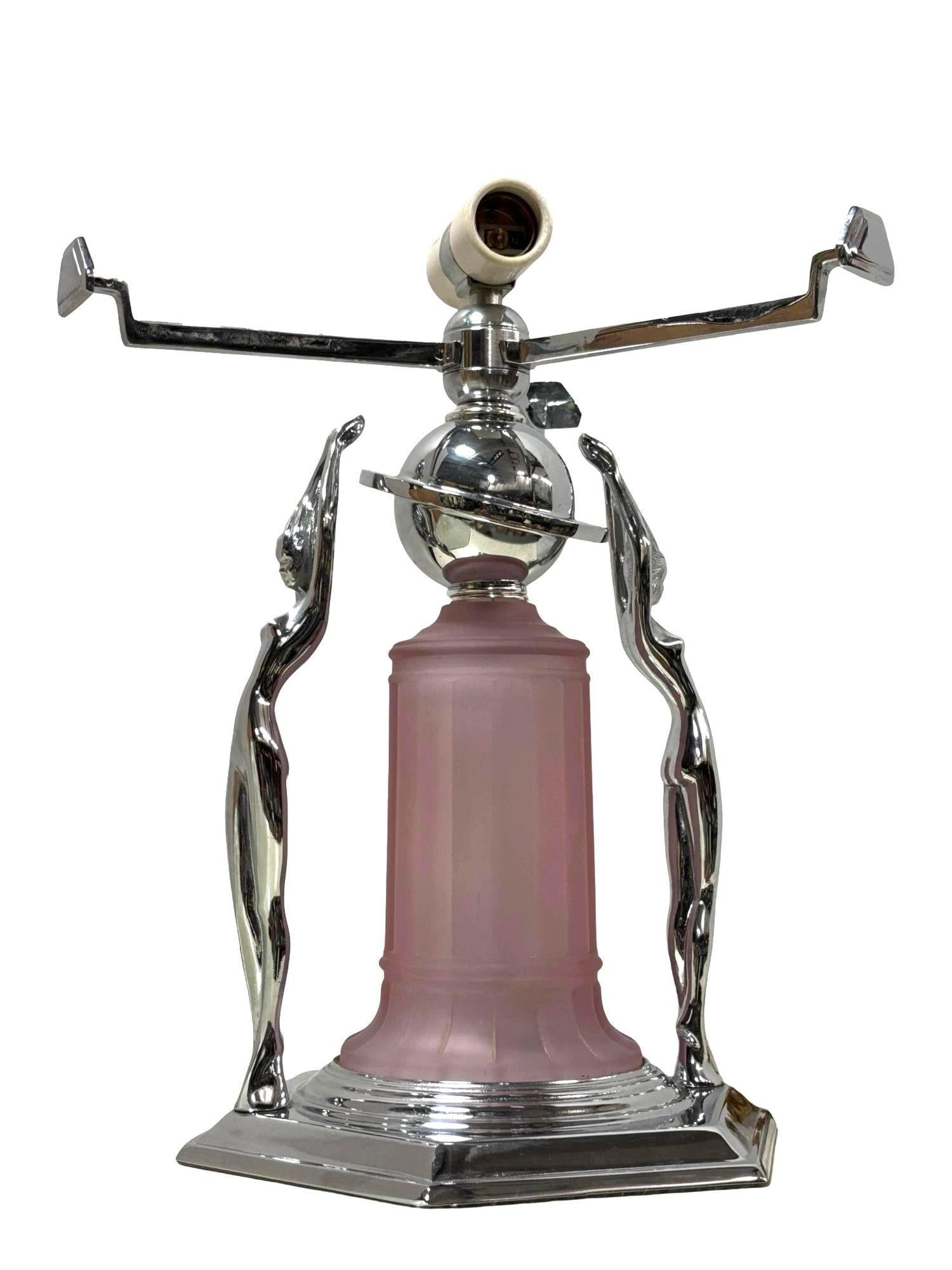 Frankart Era Art Deco Style Chrome Figural Lamp w/ Vivian Glass Shade - 10