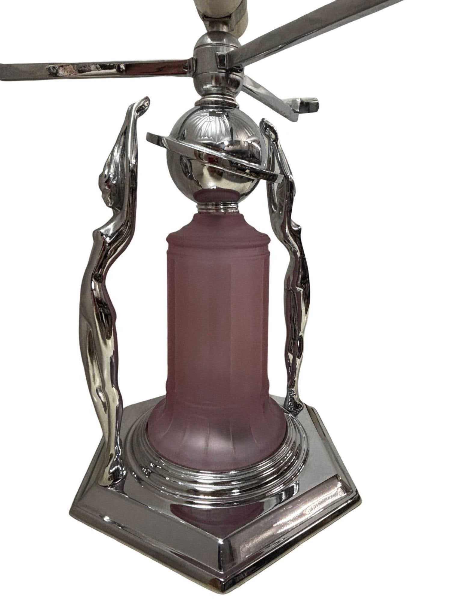 Frankart Era Art Deco Style Chrome Figural Lamp w/ Vivian Glass Shade - 12