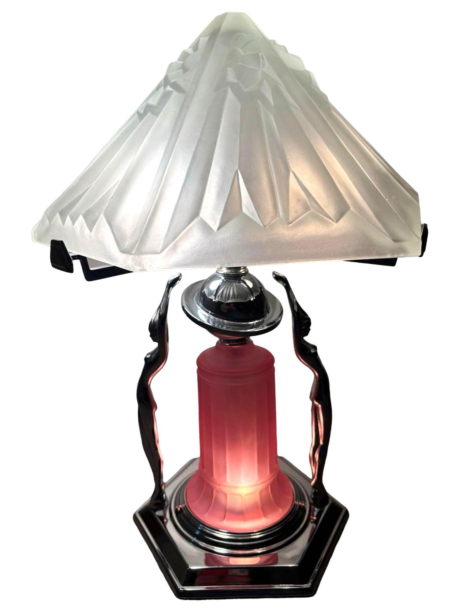 Frankart Era Art Deco Style Chrome Figural Lamp w/ Vivian Glass Shade - 15