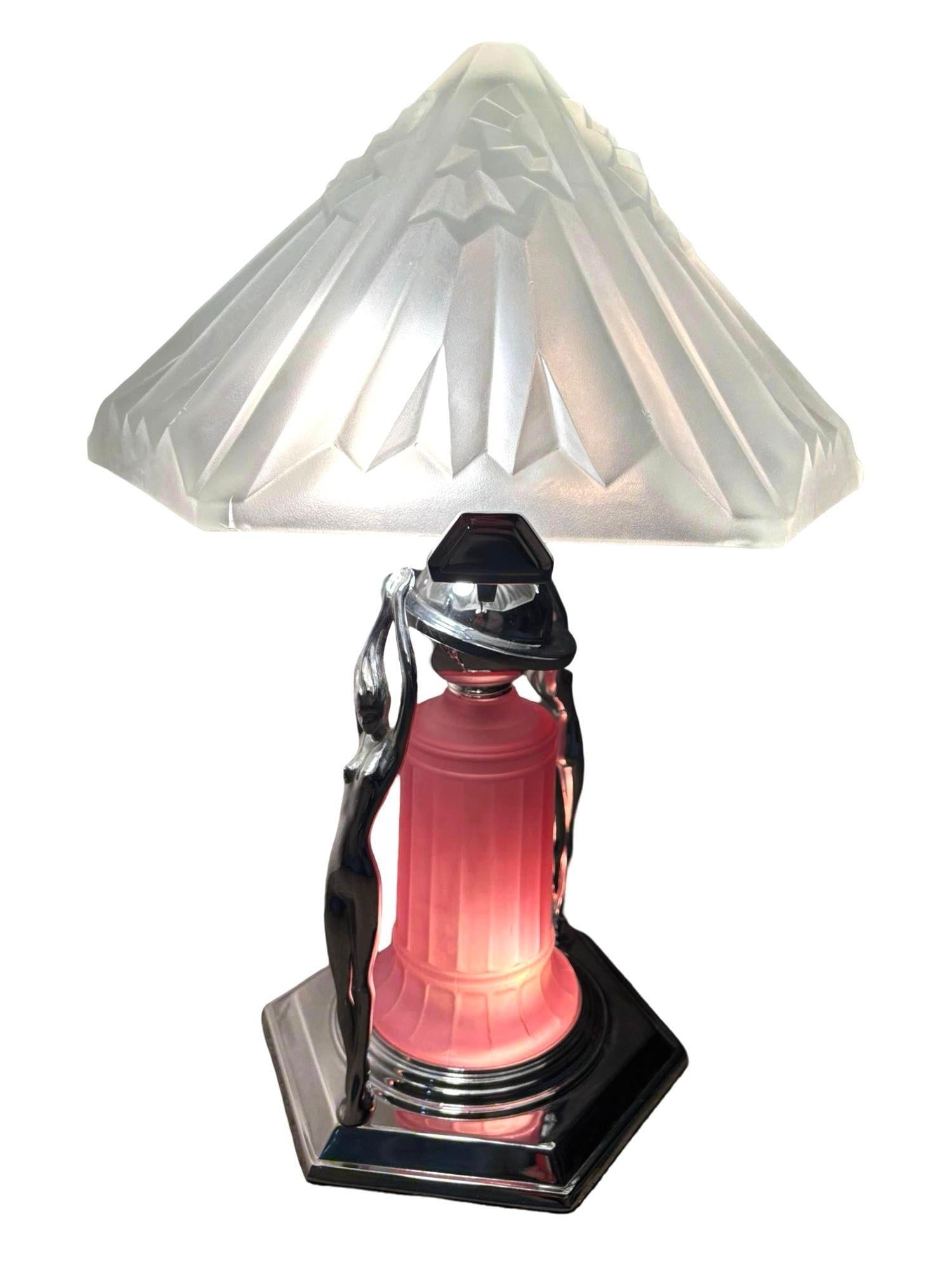 Frankart Era Art Deco Style Chrome Figural Lamp w/ Vivian Glass Shade - 17