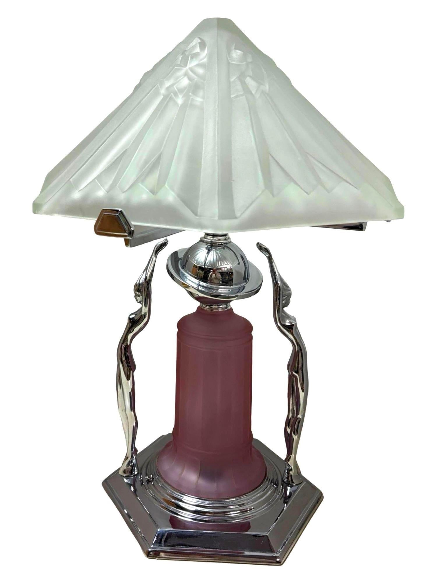 Frankart Era Art Deco Style Chrome Figural Lamp w/ Vivian Glass Shade - 9