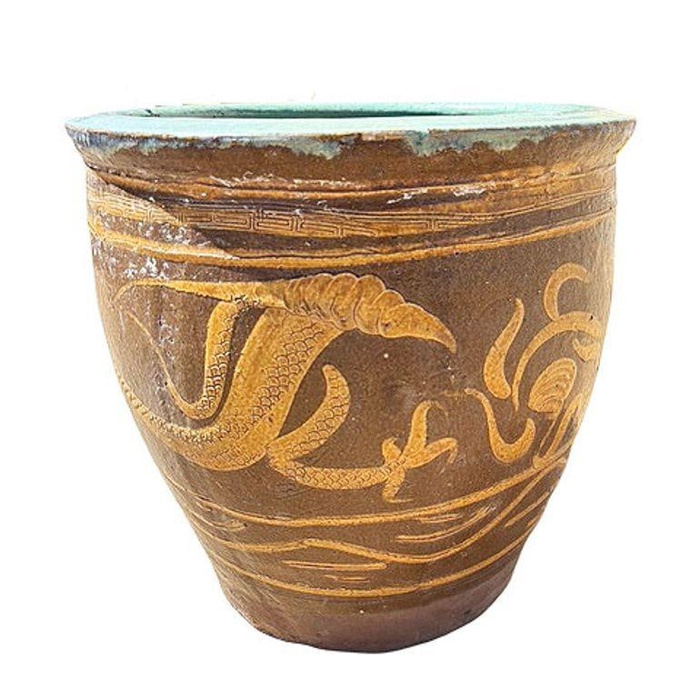 Antique Century Chinese Egg Art Pottery Holder Bird & Dragon Jardinière Planter - 10