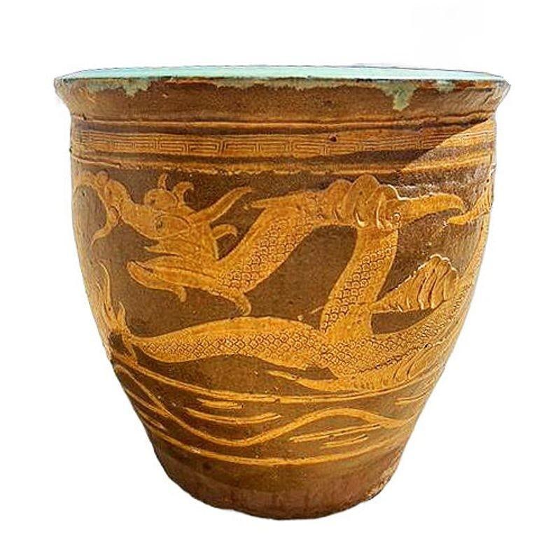 Antique Century Chinese Egg Art Pottery Holder Bird & Dragon Jardinière Planter - 12